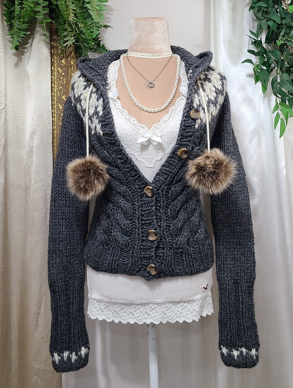 ♡ Y2K ♡ Abercrombie And Fitch Wool Hooded Babydoll Cardigan Pom Pom Sweater Grey